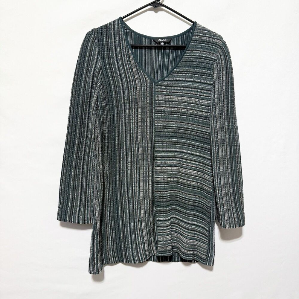 Misook XS Green Striped Knit Tunic Top V Neck 3/4 Sleeve Casual Career